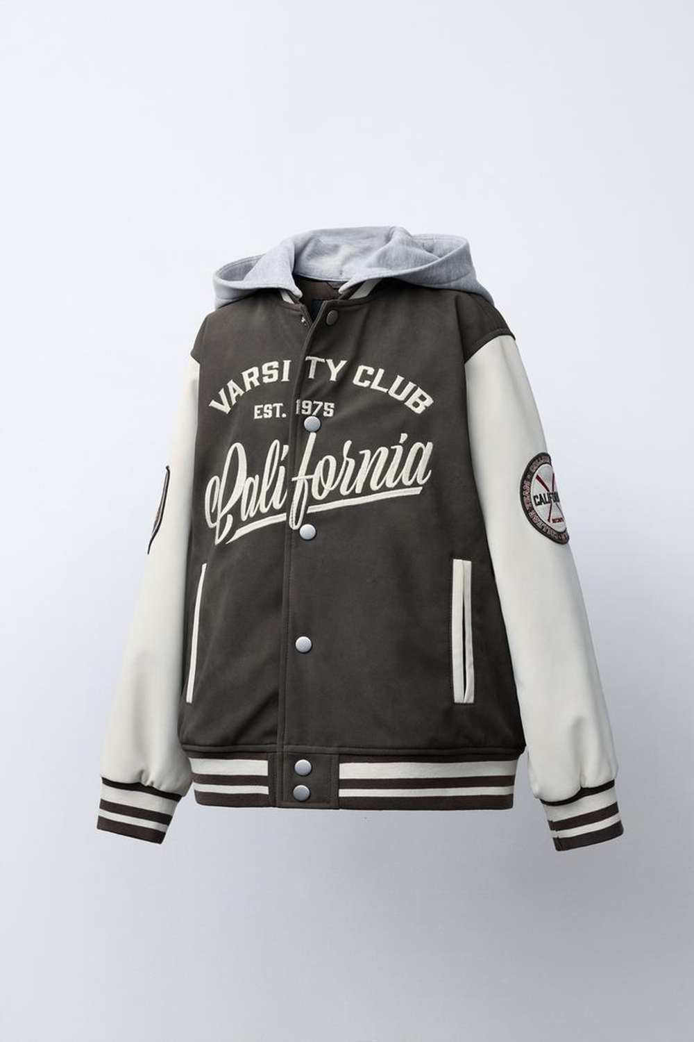 ZARA БОМБЕР С КАПЮШОНОМ И РУКАВАМИ ИЗ ИСКУССТВЕННОЙ КОЖИ, КОРИЧНЕВЫЙ