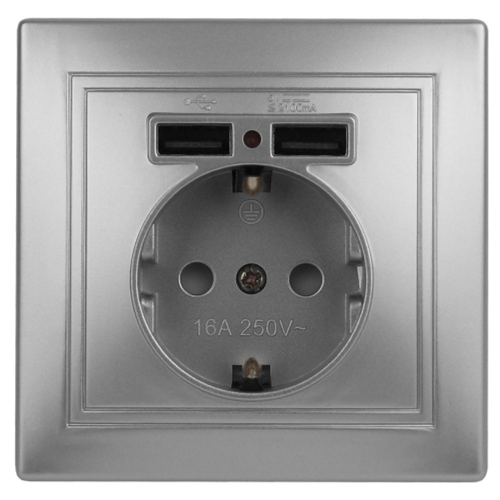 Розетка Intro Plano 1-410-03 с заземлением 2P+E Schuko со шторками 16А-250В + 2хUSB 5В-2 1А IP20 СУ алюминий | Intro Plano Алюминий
