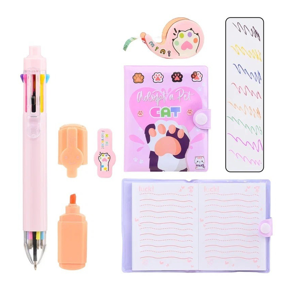 Канцелярский набор Basir с цветным текстовыделителем, 8-ми цветной ручкой, скотчем и блокнотом, серия "Лапки", ассорти, 19.7*11 см