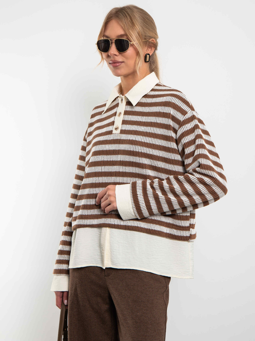 Свитшот-поло с имитацией рубашки (Коричневый/молочный)