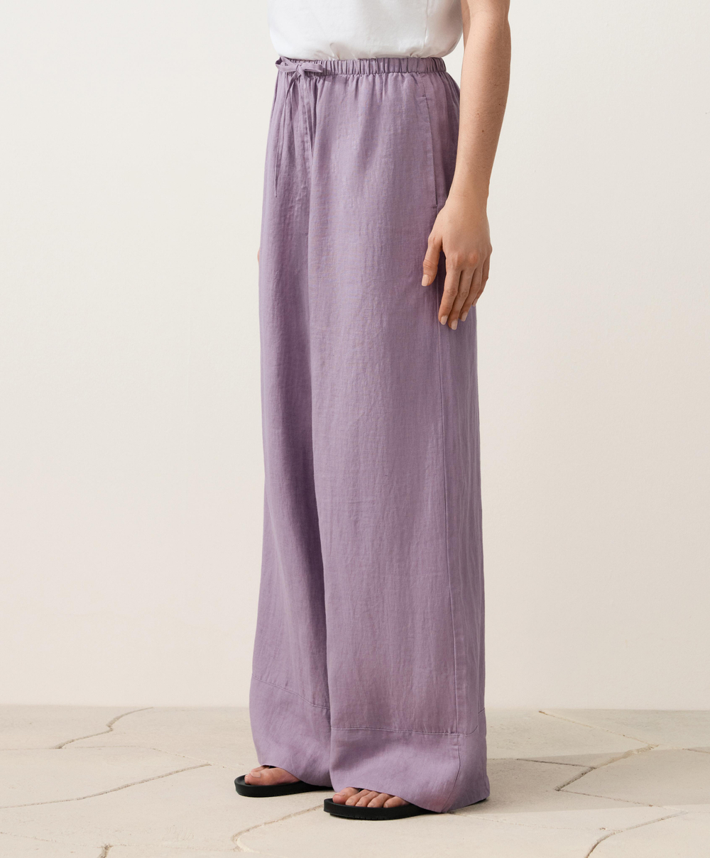 OYSHO Прямые брюки из 100% льна с декоративной строчкой, сиреневый