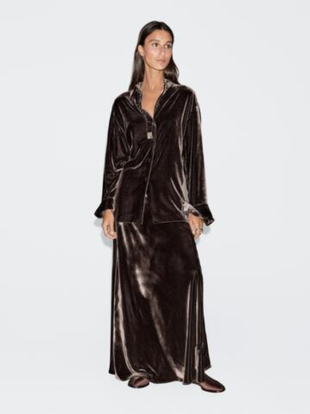 Massimo Dutti Длинная расклешенная юбка из бархата, коричневый