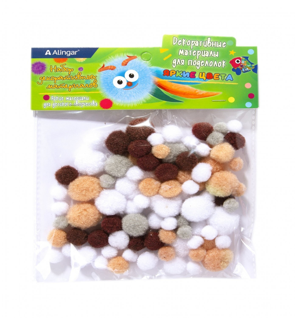 Декоративный материал Alingar, "Коричнево-бежевые цвета"(корич,беж,белый), пушистые помпоны", 80 шт, микс, пакет с европодвесом