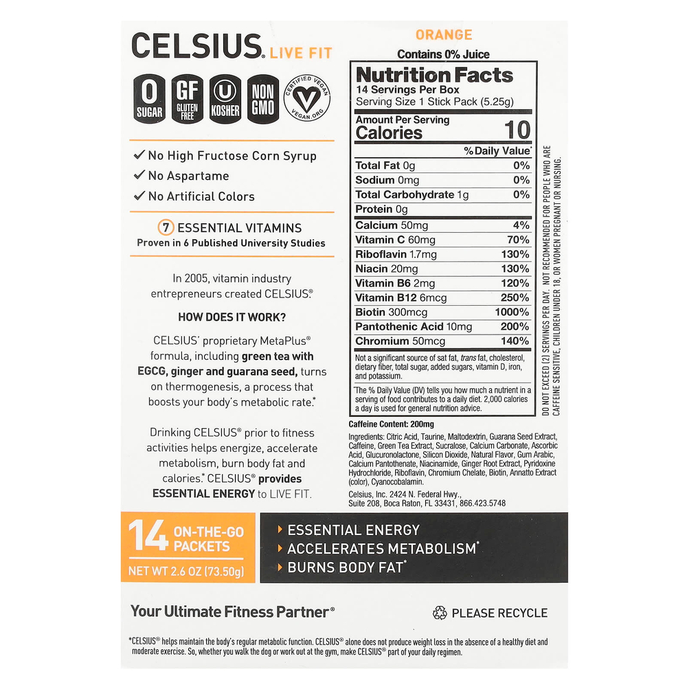 Celsius, Live Fit, апельсин, 14 пакетиков по 5,25 г (0,19 унции)
