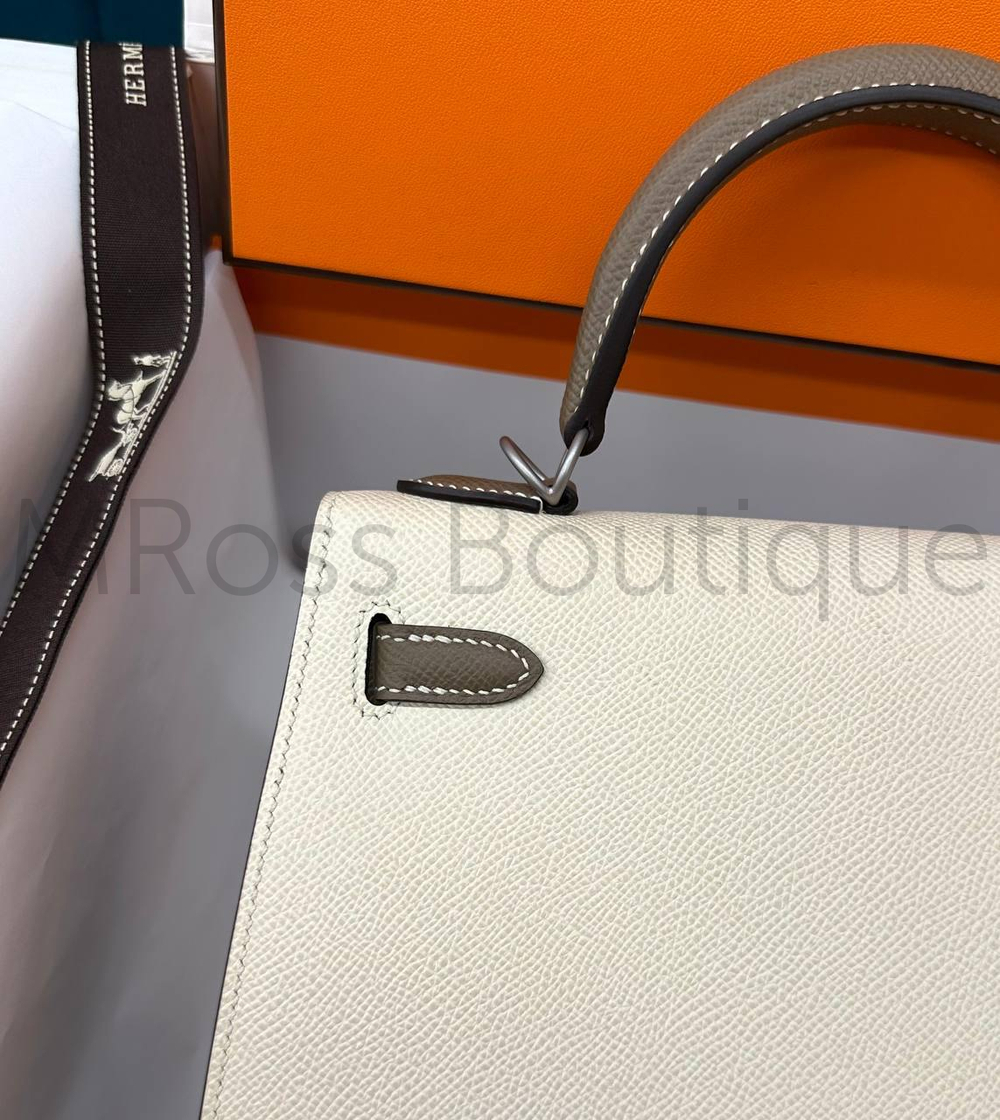 Сумка Hermes Kelly женская в молочном цвете с коричневой ручкой