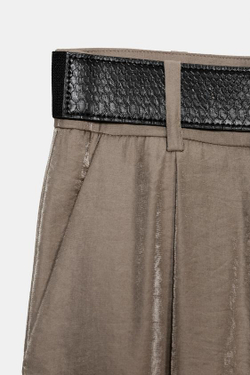 ZARA ШИРОКИЕ БРЮКИ ИЗ АТЛАСА С ПОЯСОМ, СЕРО-КОРИЧНЕВЫЙ