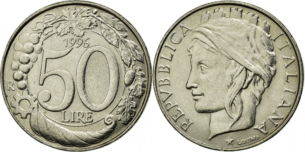 Италия 50 лир, 1996 - 2001 Виноград XF