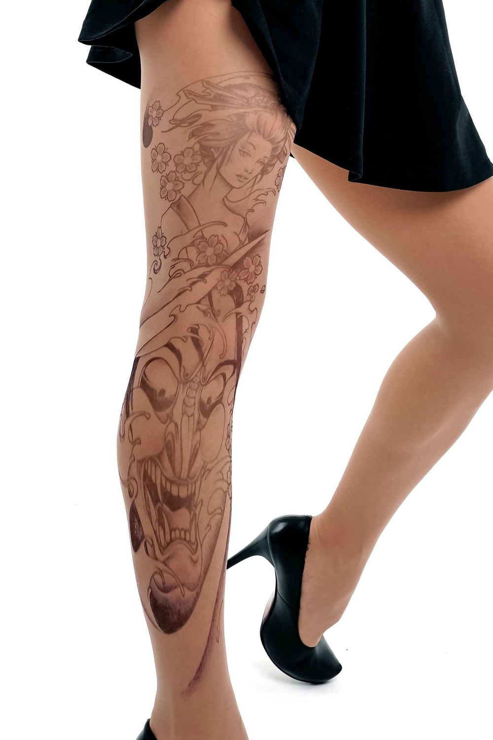 Колготки +size с принтом в виде гейши и демона (Размер: XL-XXL-XXXL) (Цвет: бежевый)