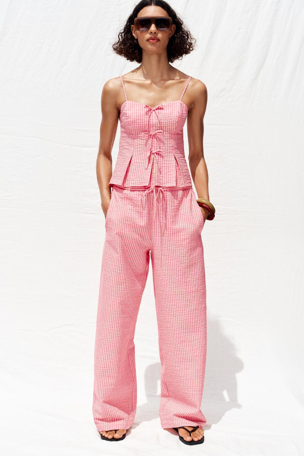 ZARA ТОП В ПОЛОСКУ С БАНТИКАМИ, РОЗОВЫЙ