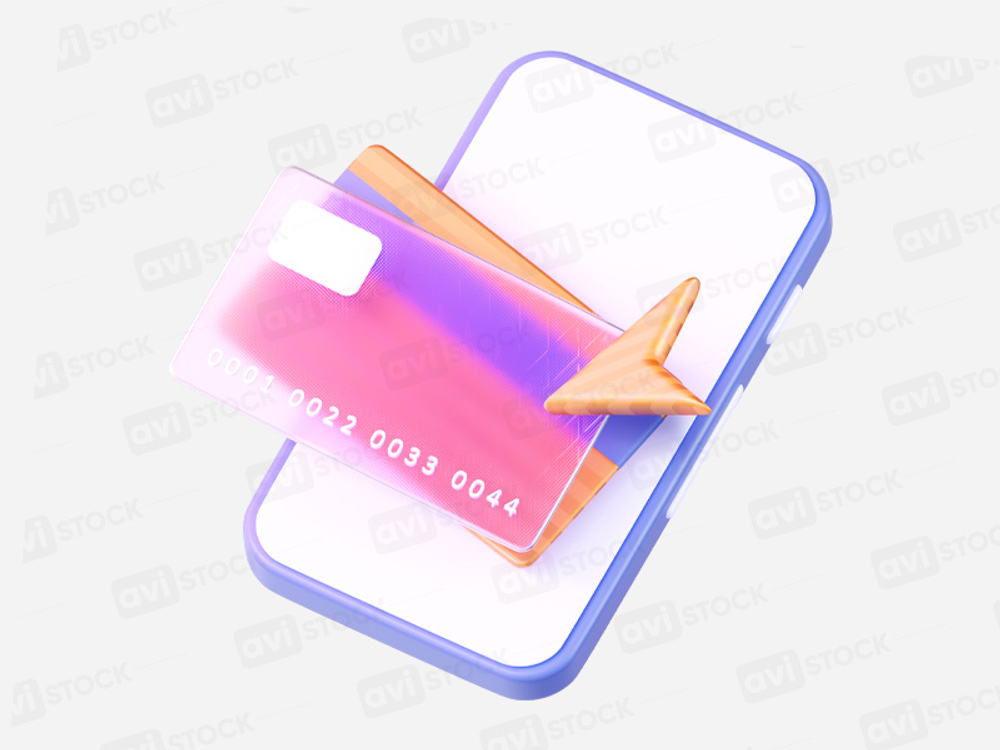 3D иллюстрация смартфона с банковской картой.  Картинка телефона на тему онлайн оплаты