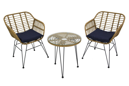 Набор мебели Адриан Мини арт.GS008 бежевый, синий (2 стула+стол Ø52см, каркас черный, ротанг беж.) "Garden story"