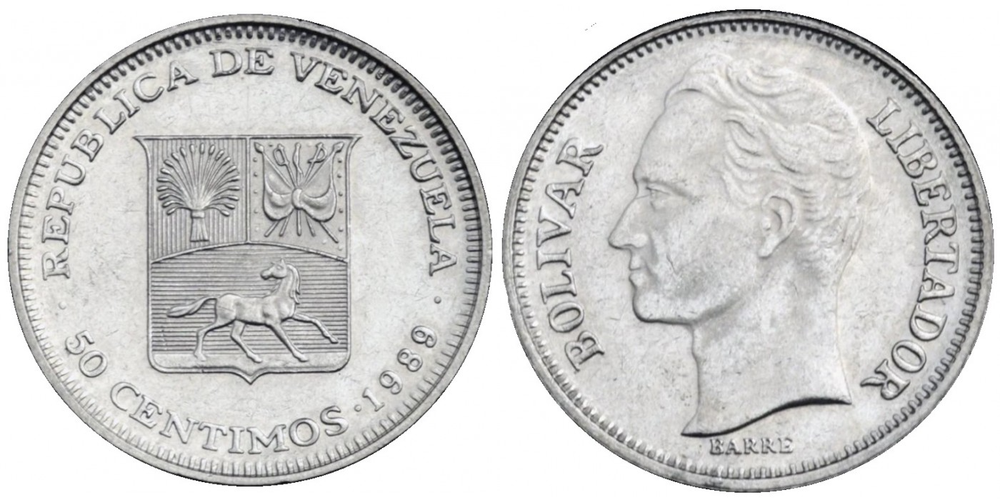 Венесуэла 50 сентимо, 1989 Симон Боливар UNC