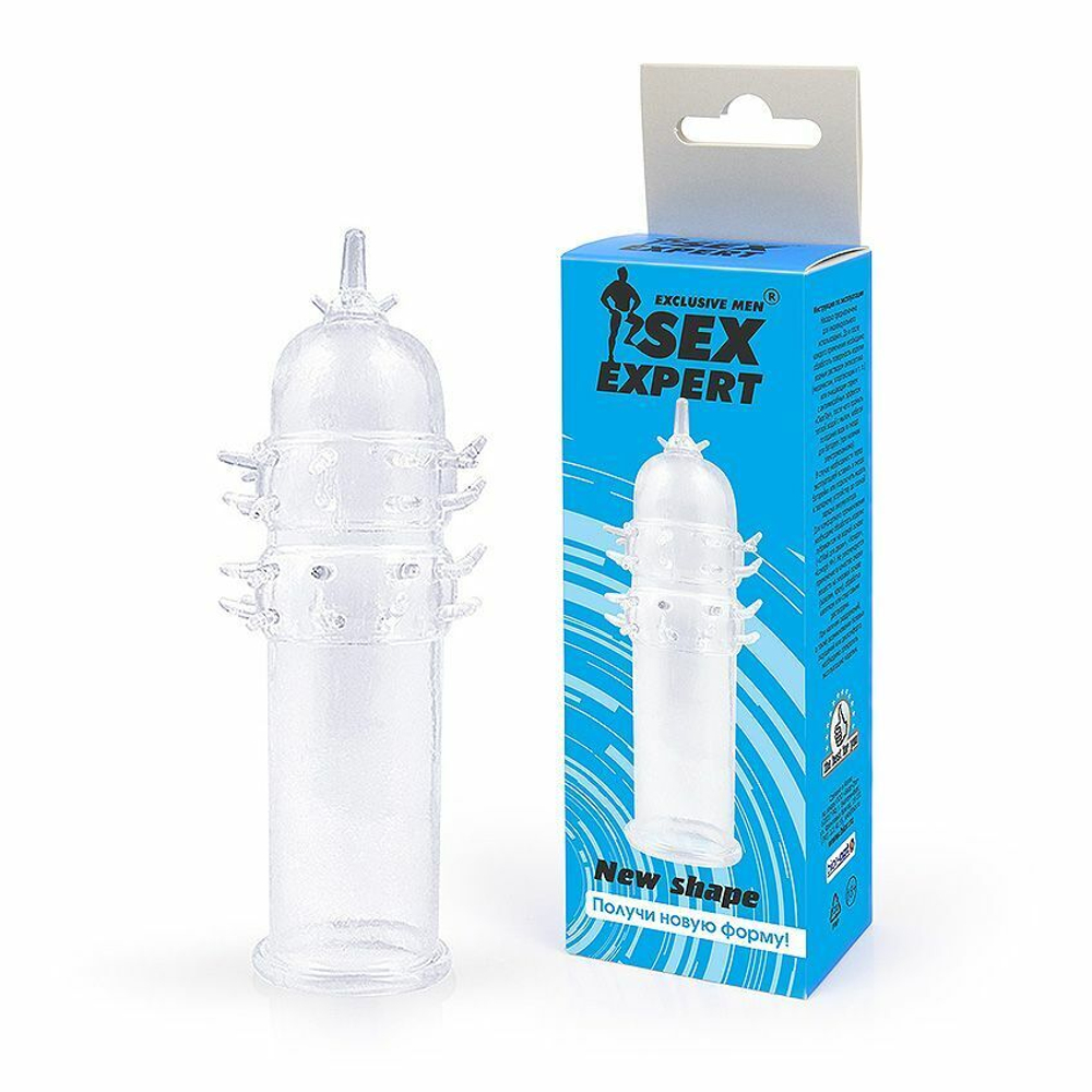 Закрытая прозрачная насадка на пенис с шипиками - 12 см. (Цвет: прозрачный)