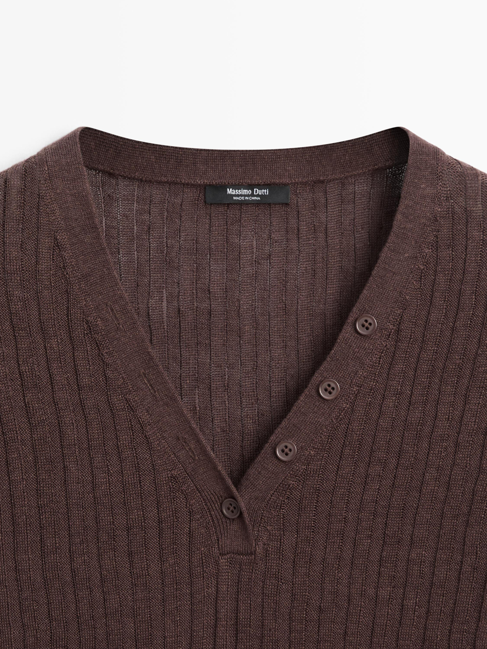 Massimo Dutti Вязаный льняной свитер с пуговицами, шоколадный