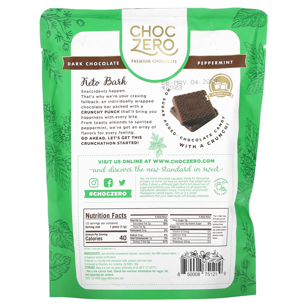 ChocZero, Keto Bark, перечная мята в темном шоколаде, 15 мини-упаковок, 170 г (6 унций)