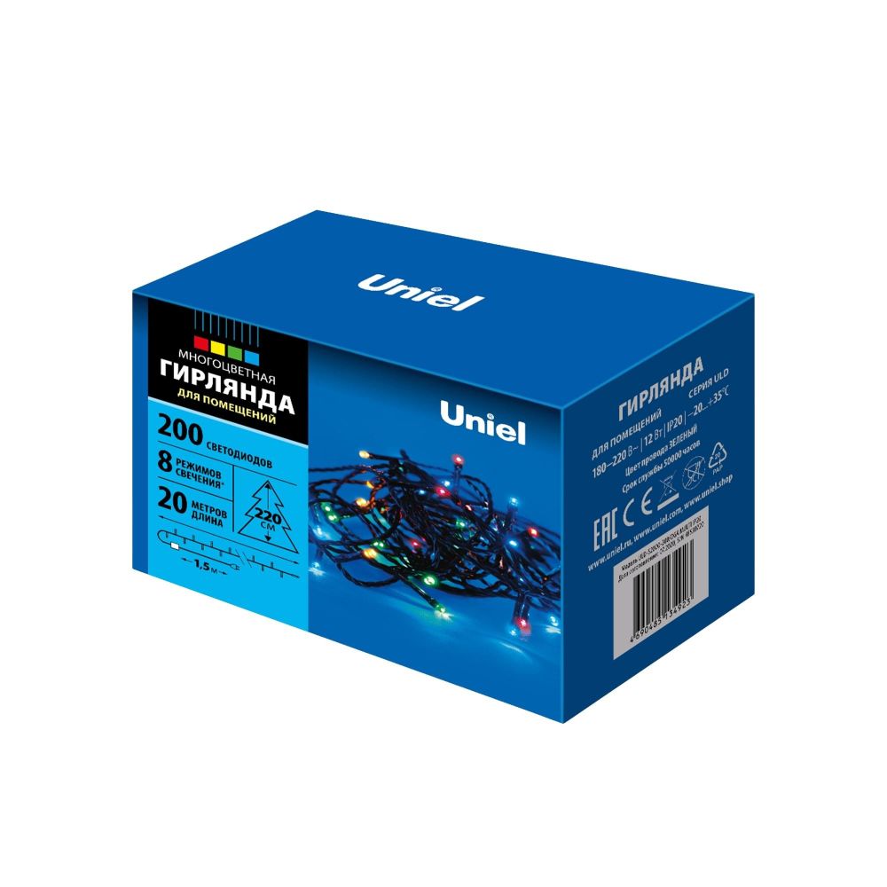 ULD-S2000-200-DGA MULTI IP20 Гирлянда светодиодная. 20м. 200 светодиодов. Разноцветный свет. Провод зеленый. ТМ Uniel