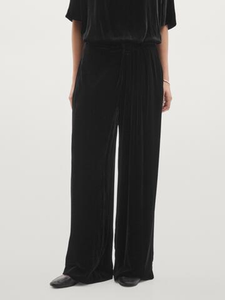 Massimo Dutti Бархатные брюки с широкими штанинами и складками, черный