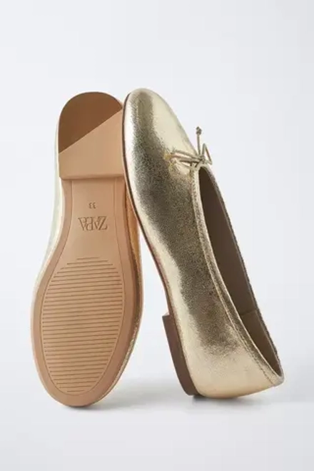 ZARA БАЛЕТКИ С МЕТАЛЛИЧЕСКИМ БЛЕСКОМ, ЗОЛОТИСТЫЙ