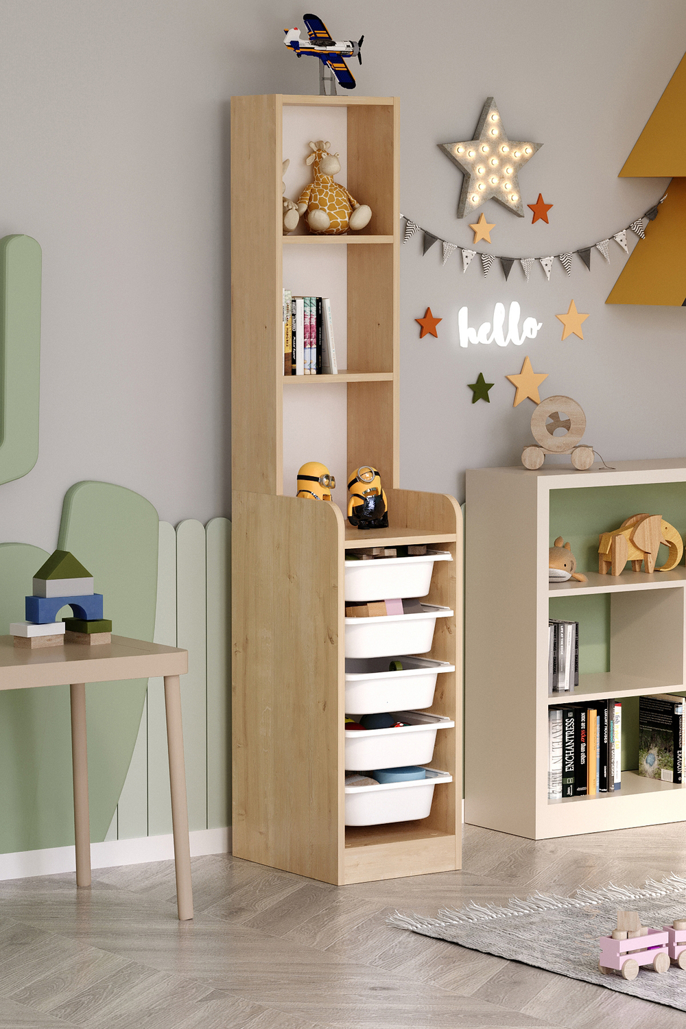 Стеллаж DERYA с 5 выдвижными ящиками - дуб