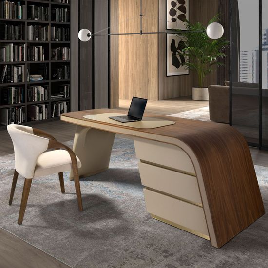 Письменный стол 3268/DS-23006 из ореха и кремовой экокожи Испания 