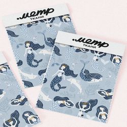 Ткань габардин русалки с дельфинами