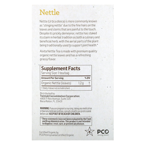 Alvita Teas, органический растительный чай, крапива, без кофеина, 16 индивидуально упакованных чайных пакетиков, 19,28 г (0,68 унции)