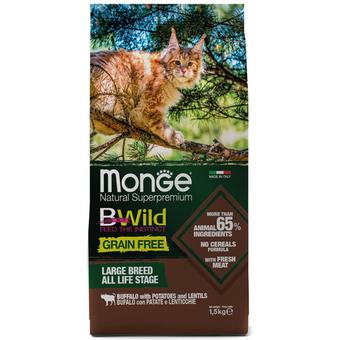 Беззерновой корм для крупных кошек и котят Monge Cat BWild GRAIN FREE из мяса буйвола, 1,5 кг