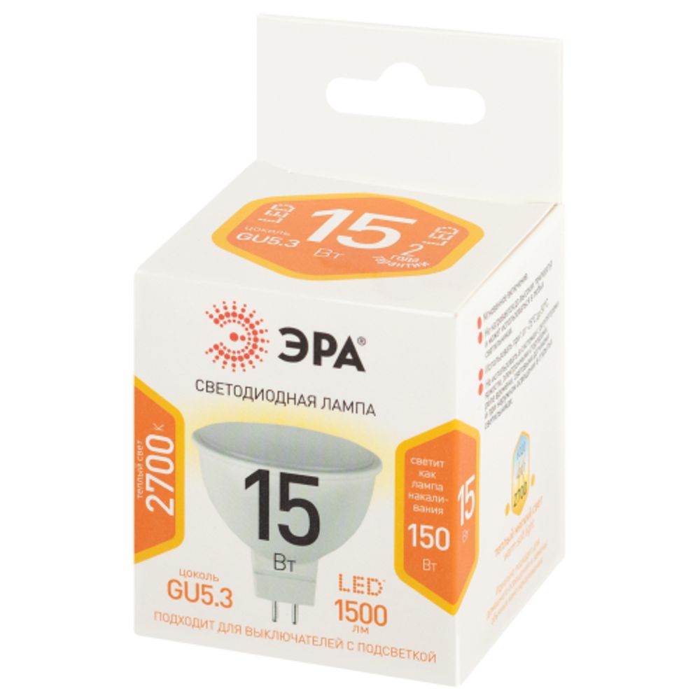 Лампа светодиодная ЭРА STD LED MR16-15W-827-GU5.3 15Вт софит теплый белый свет GU5.3