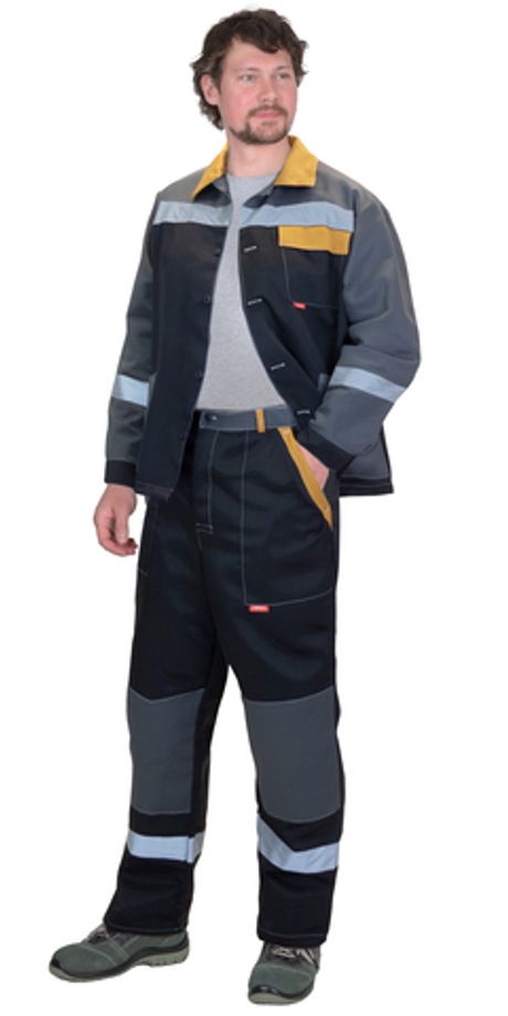 Костюм СИРИУС-ПРОФИЛЬ куртка, брюки, черный с темно-серым с горчичной отделкой и СОП