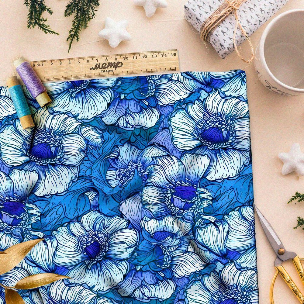 Ткань премиум сатин бело-голубой цветник
