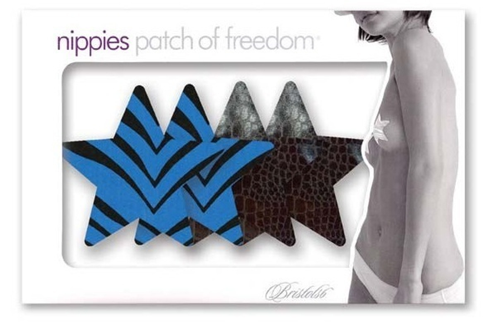 Комплект из 1 пары черных пэстис-звезочек под змеиную кожу и 1 пары синих пэстис-звёздочек в полоску