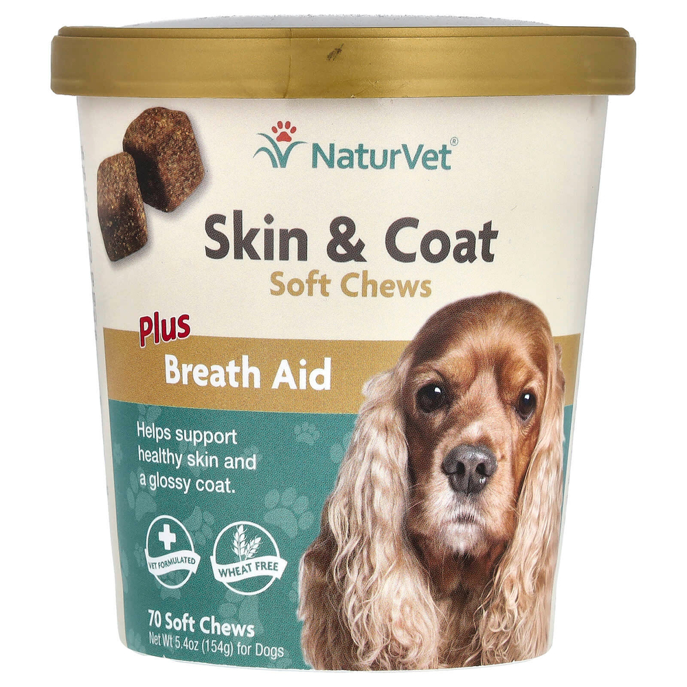 NaturVet, Skin &coat, жевательные таблетки, для поддержки дыхания, для собак, 70 жевательных таблеток, 154 г (5,4 унции)
