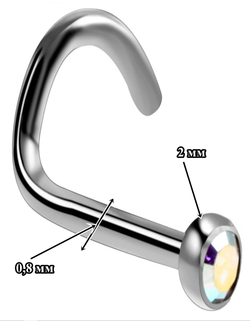 Пирсинг носа. Нострила изогнутая 0,8x6x2 мм с радужным кристаллом. Титан G23.