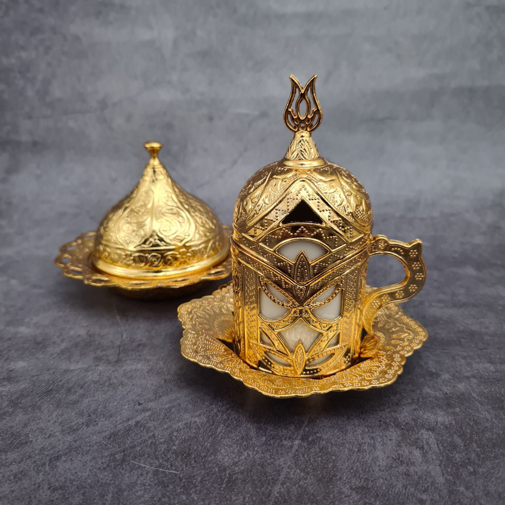 Кофейный набор "Lale" на 2 персоны с лукумницей и подносом/ACAR. Турция (золотистый)