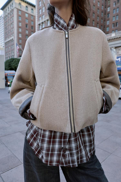 ZARA БОМБЕР С ОТДЕЛКОЙ ИЗ ИСКУССТВЕННОЙ КОЖИ, ПЕСОЧНЫЙ