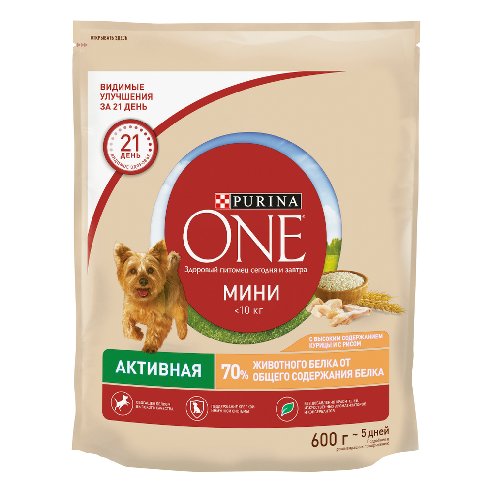 Сухой корм Purina ONE МИНИ &lt;10 кг для взрослых активных собак мелких и карликовых пород курица рис 600 г