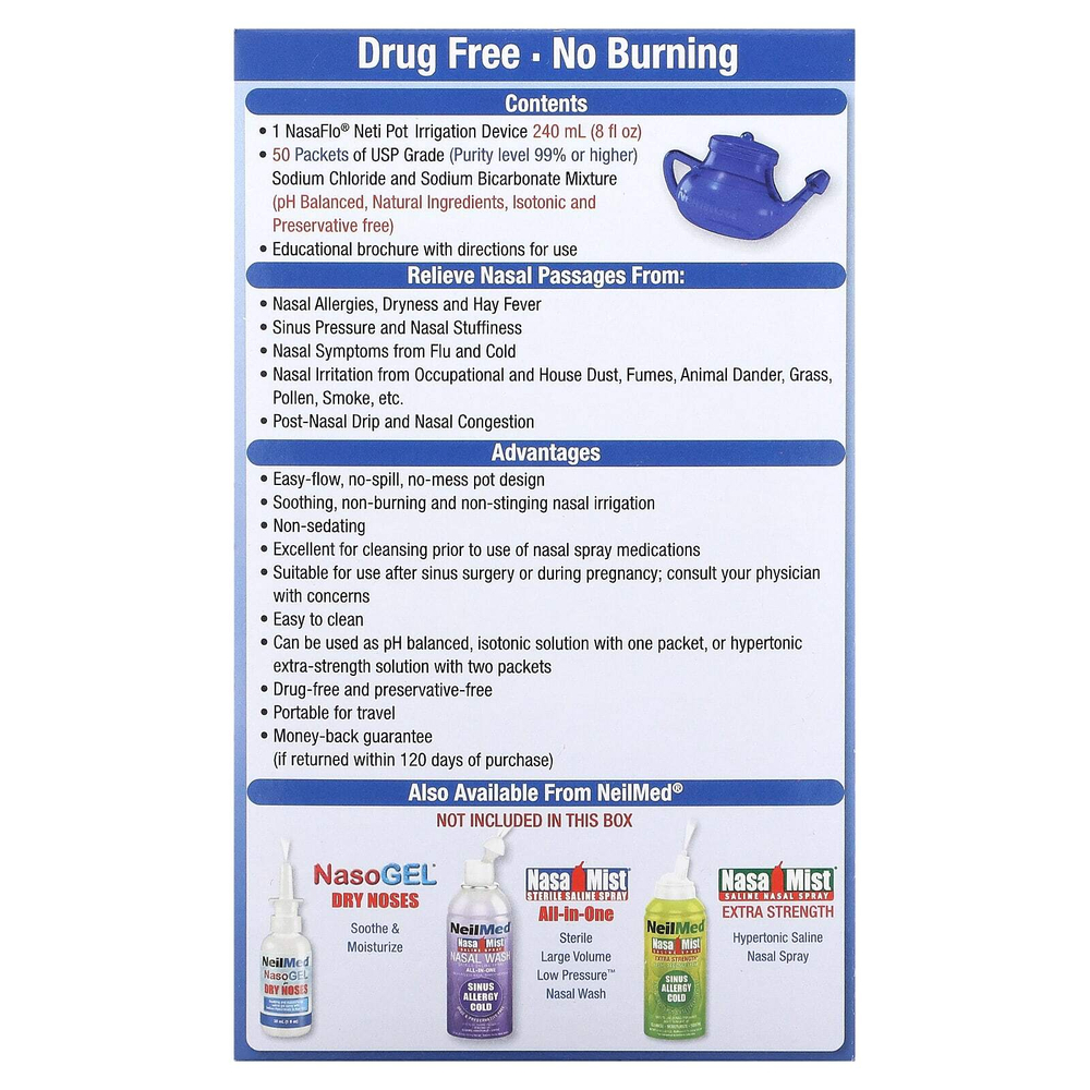 NeilMed, NasaFlo, устройство для промывания носа, 1 устройство и 50 пакетиков с готовой смесью