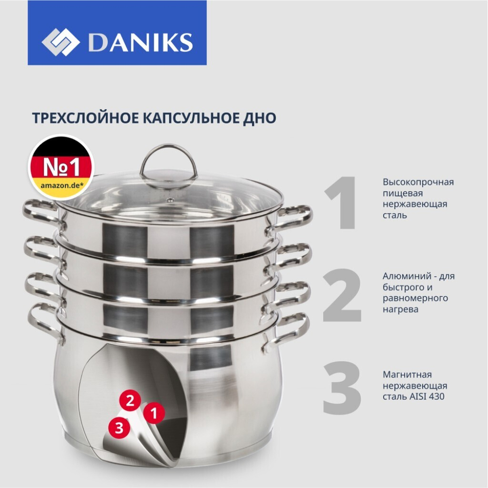 Мантоварка нерж, 28 см, 9.8 л, 4 секц, Daniks, крыш стекло, индукц, мет ручки, GS-01372-284ST