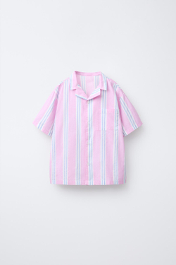 ZARA ПИЖАМА РУБАШКОЙ И ШОРТАМИ-БЕРМУДАМИ В ПОЛОСКУ, РОЗОВЫЙ