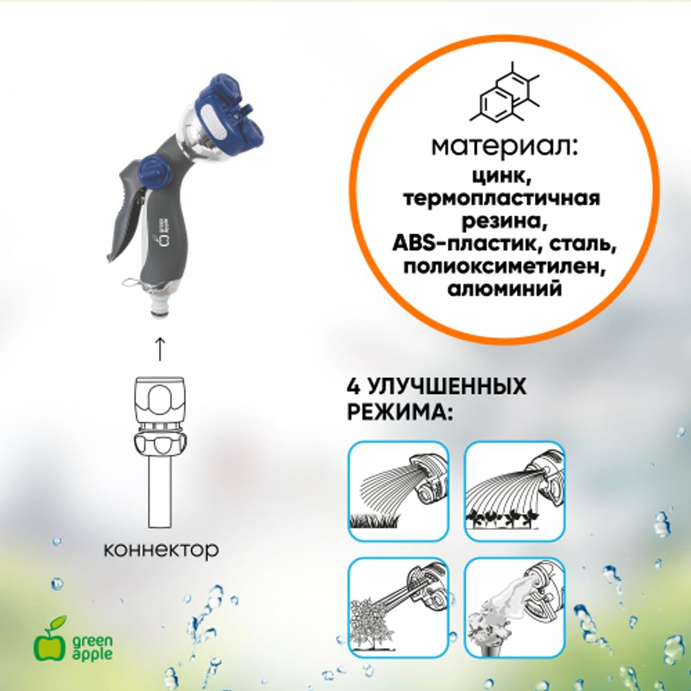 GWHM12-035 GREEN APPLE Пистолет-распылитель, металл, 4 улучшенных режима | Аксессуары для полива Green Apple