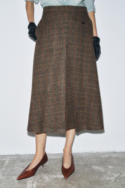 ZARA ЮБКА В КЛЕТКУ СО СКЛАДКОЙ ИЗ СМЕСОВОЙ ШЕРСТИ — ZW COLLECTION, КОРИЧНЕВО-СИНИЙ