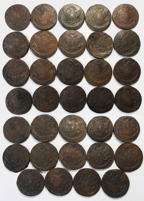 Полный набор 5 копеек Екатерина II 1763-1796 (34 монеты) №2