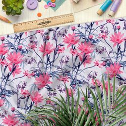 Ткань оксфорд 600 розовые ромашки на фиолетовых стеблях