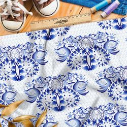 Ткань лён крупная отзеркаленная гжель