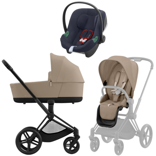 Коляска 3 в 1 Cybex Priam IV Matt Black complete и автокресло Aton B2 i-Size Bay Blue Cozy Beige