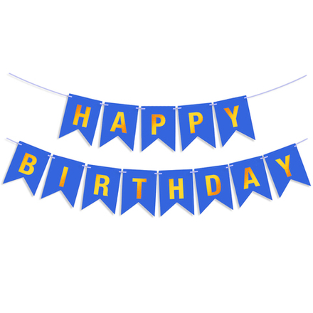 Гирлянда Флажки, Happy Birthday, Синий/Золото, Металлик, 500 см, 16*12 см