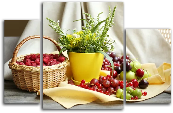 Модульная картина "Корзинка малины и цветы"