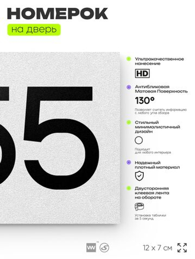 Номер на дверь 255, табличка на дверь для офиса, квартиры, кабинета, аудитории, склада, белая 120х70 мм, Айдентика Технолоджи