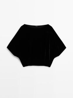 Massimo Dutti Бархатный топ с короткими рукавами, черный