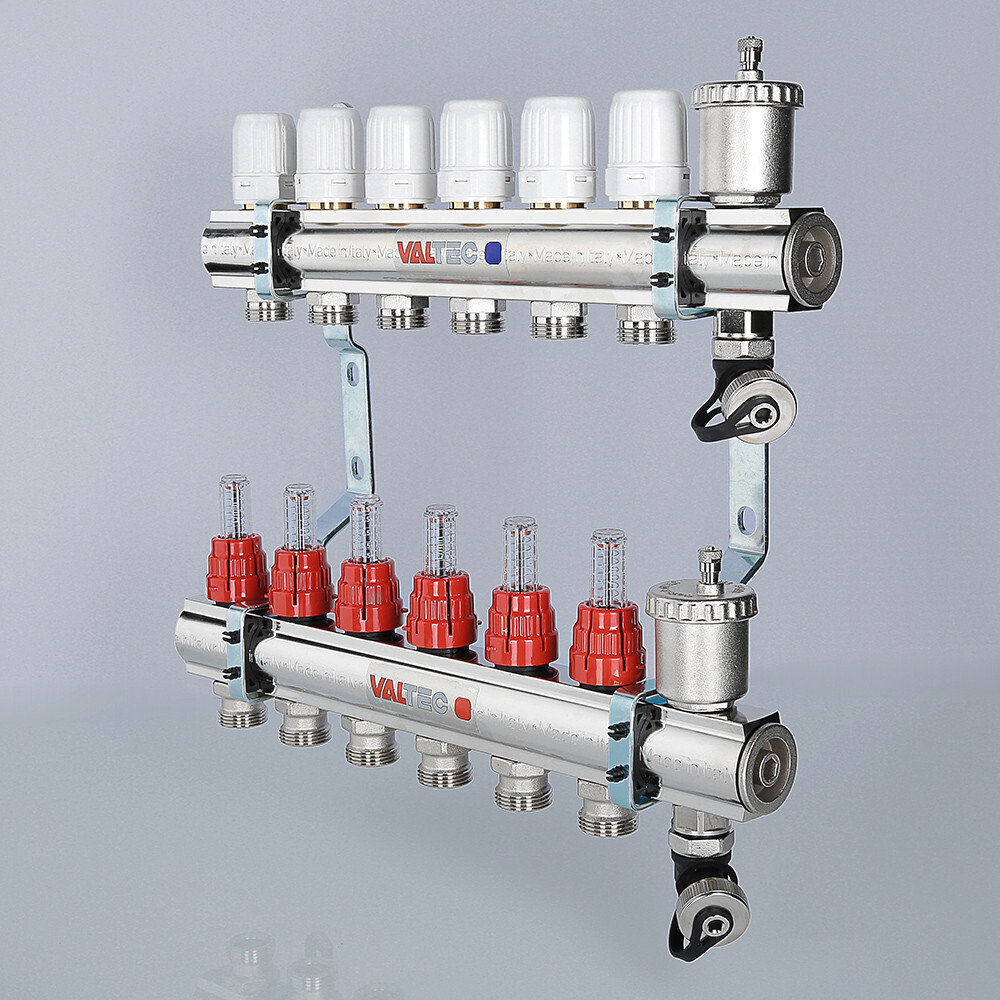 Коллекторный блок VALTEC латунный с регулировочными клапанами и расходомерами 1 1/4", 10 x 3/4", "евроконус"